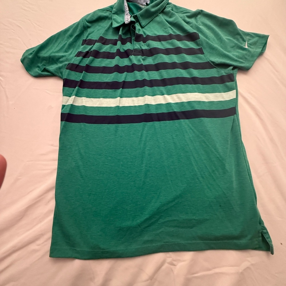 Nike Dri Fit Men Polo Large Green Striped Poly Blend Short Sleeve Standard Fit